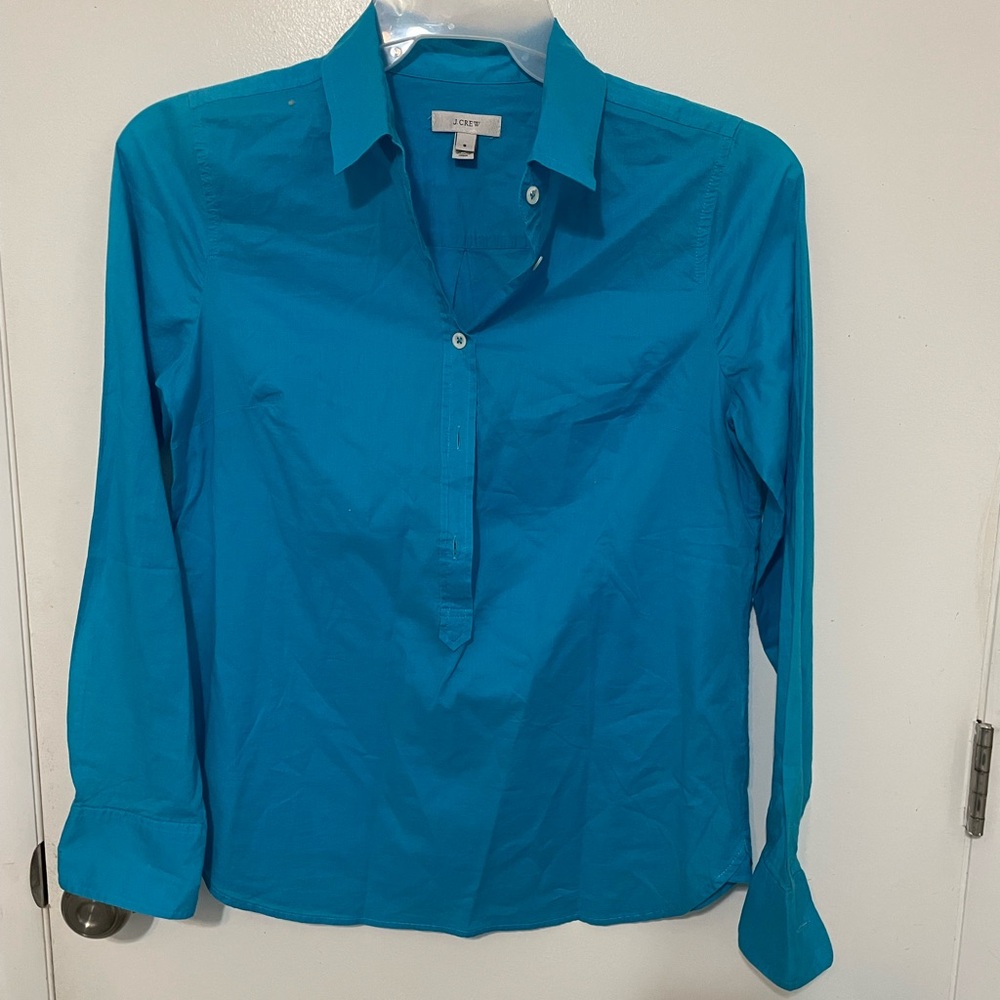 J. Crew pullover long sleeve Aqua Blue Half button up lightweight Blouse 6